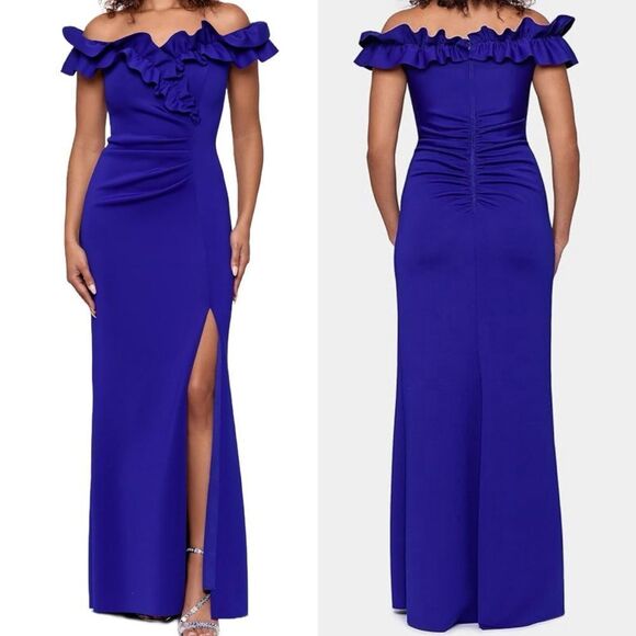 Xscape Dresses & Skirts - Xscape Women's Long Stretch Scuba Crepe Ruffle Collar Ruched Dress Size 14 NWT